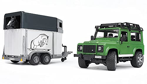 bruder 02592 - Land Rover Defender mit Pferdeanhänger & 1 Pferd - 1:16 Pick-up Geländewagen Jeep Hengst Spielzeug Offroad-Fahrzeug Reiterhof Pferdehof Bauernhof Zubehör