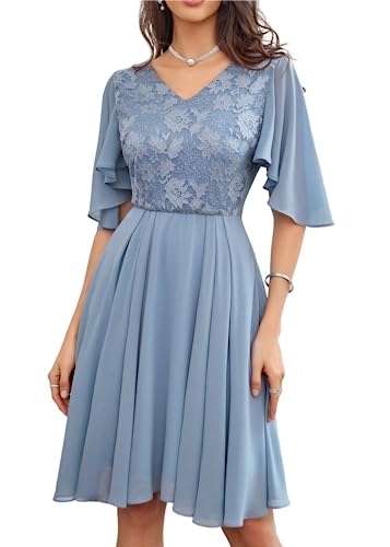 Damen Chiffon Cocktailkleid Knielang Faltensaum Sommerkleid Cape Ärmel Maßgeschneidert A-Linie Hochzeitkleid Elegant Grau Blau 44