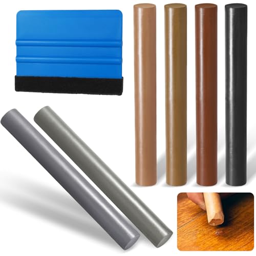 Annickee 6Pcs Laminat Reparaturset Grau, Holzkorrekturstift mit Blauer Schaber, 6 Farben Parkett Reparaturset, Beheizbar Holz Reparaturstift Zum Ausbessern von Schäden und Kratzern auf Holzböden