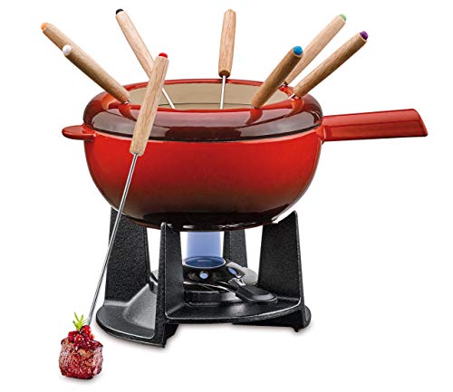 Spring Gusseisen Fondue Set rot | Ø 20 cm | mit 8 Fonduegabeln und Spritzschutz | für Käsefondue, Fleischfondue | Rechaud Brenner