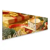 islandburner Bild auf Leinwand Weihnachtskerze und Geschenke auf goldenem Tischcloth für Wohnzimmer Familien Einrichtungshaus Bilder Wandbilder Poster