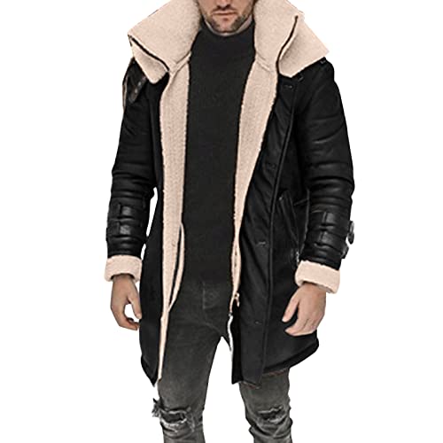 Bomber Jacket Men Herren Lederjacke Lange Winter Plüsch Großes Revers Ledermantel Pelz Jacke Mantel mit Pelzkragen Bomberjacke Langjacke Pu-Ledermantel Outdoor Windbreaker Mantel