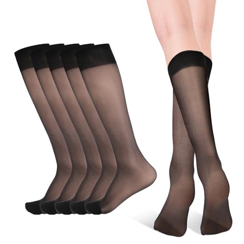 CIATBYYJ 6 Paar Damen Kniestrümpfe, Transparente Nylon Fein-Kniestrümpfe, Kniehohe Pop Socken für Damen (Schwarz, Medium (fits EU sizes 35-41))