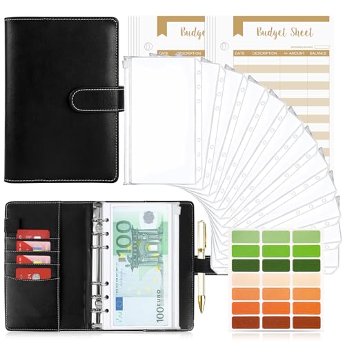 Budget Planner Budget Binder A6, Budgetplaner Geld Organizer mit Weiche Tasche, TAOPE Budget Binder Notizbuch A6 Cash Stuffing, 6 Löcher Budget Planner, Haushaltsbuch mit Geldfächer Pures Schwarz