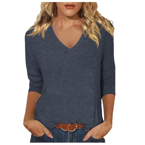 2025 Damen T-Shirt mit V-Ausschnitt, für den Sommer, modisch, bequem, lässige Passform, Sieben Viertelärmel Pullover Einzelstück Damen (Light Gray, S)