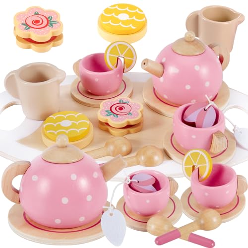 AOLEVA Teeservice Kinder Holz Spielküche Zubehör, Tee Set Teeparty Kinderküche Holzspielzeug Kindergeschirr Rollenspiele Geschenk für Kinder Mädchen Jungen, Rosa