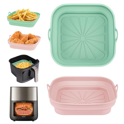 Alyvisun Silikonform für Heißluftfritteuse, 2 Stück Airfryer Silikon Backform Wiederverwendbar Silikoneinsatz Quadratisch Silikonmatte Pot Liner für Air Fryer, Mikrowelle, Ofen(Rosa+Grün)