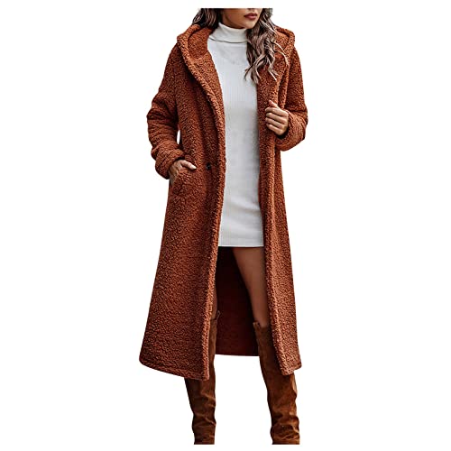 DRILEND Steppmantel Damen Lang,Schlupfblusen Damen Outdoormantel Damen Basic Tops Damen Set Damen Top V Ausschnitt Cross Wrap Fellmantel Mit Kapuze Wintermantel Damen 2022 Wollmantel(Braun,XL)