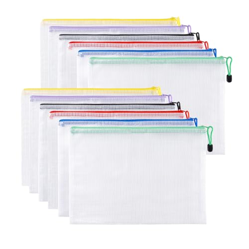 Carehabi 12 Pcs Dokumententasche mit Reißverschluss A4, Wasserdichte Document Case, Datei Zipper Tasche Mesh Kunststoff Reißverschlusstasche für Dokumente, Kosmetika, Reisezubehör