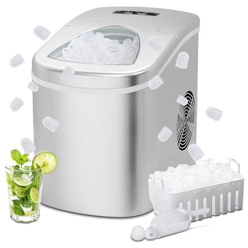 Techomey Eiswürfelmaschine, Eiswürfelbereiter, Kompakter und Tragbarer Ice Cube Maker, 2 Eiswürfelgrößen, 6-13Minuten Produktionszeit, 12kg/24h, 2,2L Wassertank, mit Eiswürfelschaufel und Korb, Silber