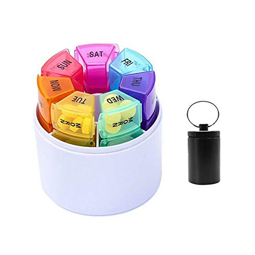 Tablettenbox 7 Tage 4 Fächer - Rund Pillenbox mit Kostenlosem Pillendose Schlüsselanhänger, Tablettendose Morgens Mittags Abends Nachts - Ideal für Medikamente, Tabletten, Vitamins