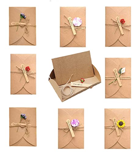 N/U 8 Stück Grußkarte Set, Kraftpapie Umschläge, 17,5 x 11 cm getrocknete Blumen mit Postkarte, handgefertigt, Retro-Kraftpapier für Grußkarten, Muttertag, Weißes