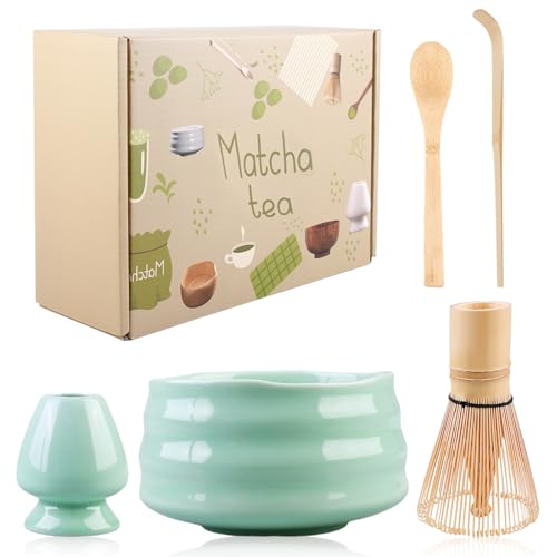 Byzesty 5-Teiliges Set Matcha Tee Set, Matcha-Schneebesen Set Mit Matcha Schale Aus Keramik, Matcha Besen, Matcha Löffel, Teeset Teezubereitungsset Matcha Set Matcha-Tee-Set Für Freunde Und Familie