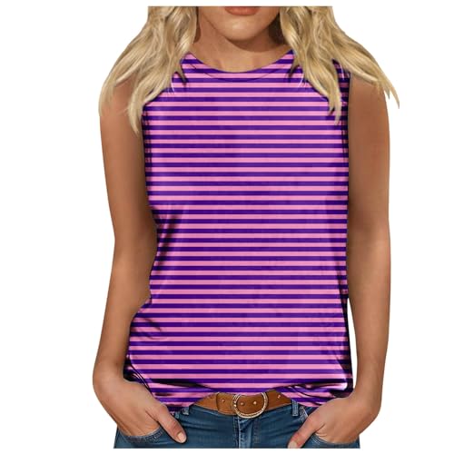 Gestreiftes Tanktop Damen, Sommer Spaghetti Cami Oberteile, Rundhals Cami ÄRmelloses Tanktops Loose Fit Elegante Blusentop Locker Elegant Cami Top Weich Bequem TräGertops Shirt Camisole