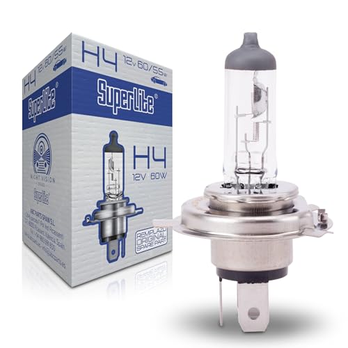 Superlite Halogenglühlampe H4 12V 60/55W für die Hauptscheinwerfer der Night Vision-Reihe. E1 R37/03-Zulassung sowie RoHs und CE-Zertifizierung. Außergewöhnliche Langlebigkeit und Helligkeit.