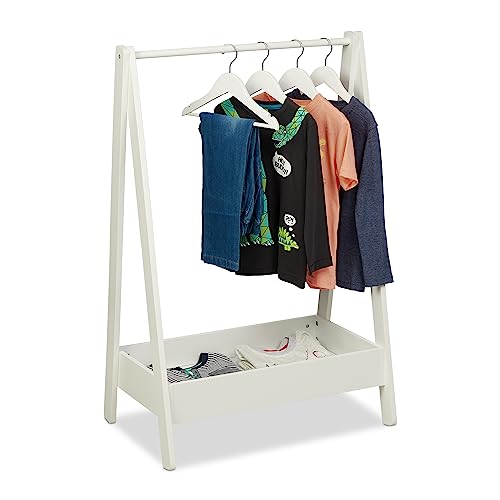 Relaxdays Kleiderständer Kinder, HxBxT 99 x 64,5 x 42,5 cm, Kleiderstange mit Ablage, Kinderzimmer, Standgarderobe, weiß, 1 Stück