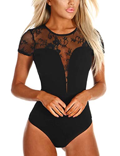 SEBOWEL Damen Body Sexy Spitze Mesh Kurzarm Bodysuit Tops Schwarz XXL