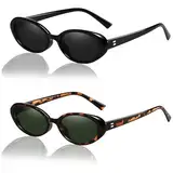 Cinsersr Sonnenbrille Damen Schwarz 2 Stück Super Schmal Sonnenbrille Damen Vintage Dünnes Katzenauge Vintage Sonnenbrille Männer Frauen 90er Jahre Retro Mode Sonnenbrille Oval Uv400-Schutz