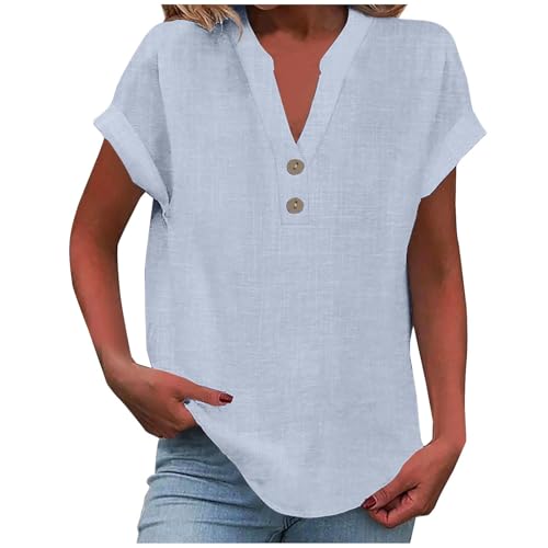 KOG Damen Shirts Vintage Leinenbluse Bekleidung Lässig Kurzarm Blusenshirt Frau Longbluse Leinen Kleidung Blitzangebote des Tages Teenager Rundhals Retro Shirt Amazon Gutschein Hellblau 5XL