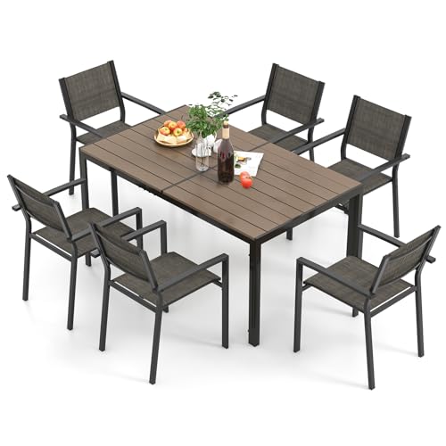 COSTWAY Gartenmöbel Set für 6 Personen, 6 stapelbare Gartenstühle mit Tisch, Terrassenmöbel set, Gartengarnitur, Sitzgruppe, Sitzgarnitur, Essgruppe für Terrasse, Garten