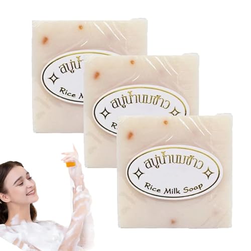 Rice Milk Soap Thailand Reismilchseife Handgemachte Seife,Mild and Non-irritating,Soap Für Händewaschen,Entfernen Von Make-up,Waschen Des Gesichts,Baden,Aufhellende Kollagen-Thai-Reismilchseife (3PC)