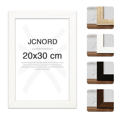 JCNORD Weißer MDF Holz Bilderrahmen 20x30 cm mit bruchsicherem Plexi-Glas | Moderner Fotorahmen für Wände und Tische