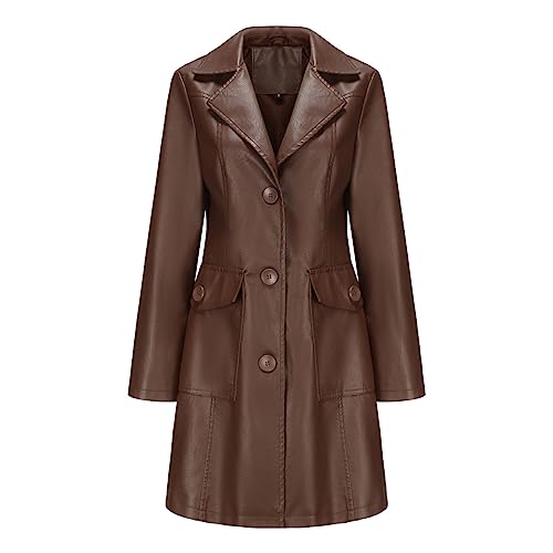 TOKYMOON Lederjacke Damen Lang Elegant Trenchcoat Damen Ledermantel Reverskragen Knöpfen Einfarbige Kunstleder Übergangsjacke Langarm PU Leder Jacke Windjacke Lederjacke Kaffee M