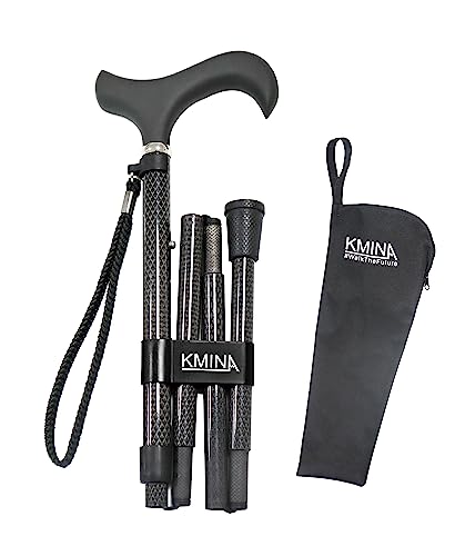 KMINA PRO - Gehstock Klappbar Carbon, Damen Höhenverstellbar, Herren Elegant, Spazierstock Schwarz, Leicht, Faltbar, Kohlefaser