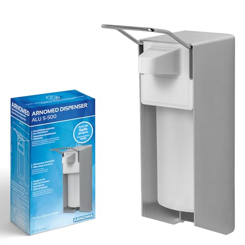 1x ARNOMED Desinfektionsspender Aluminium, Seifenspender für 500ml, kurzer Armhebel, Seifenspender zur Wandbefestigung, Eurospender für Desinfektionsmittel, Soap Dispenser, Desinfektionsmittelspender