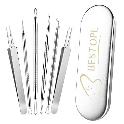 BESTOPE Mitesserentferner Komedonenquetscher Set Pinzetten Set mit Metall-Box Blackhead Remover aus Hochwertiger Edelstahl Akne Mitesser Entferner Extraktor Tools 6 Stücke