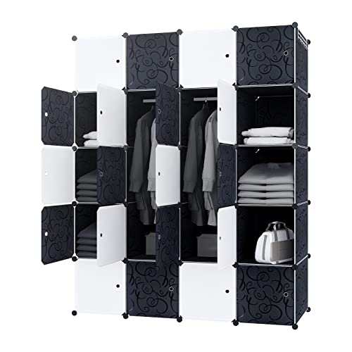 YRHome DIY Regalsystem Kleiderschrank Schrank Garderobenschrank mit Tür Steckregalsystem Garderoben Steckregal Standregal Schwarz Weiß (20 Boxen mit Kleiderschrank)