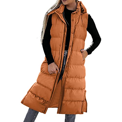 Winterweste Outdoorweste Damen Lang Wintermantel Vest mit Kapuze Winterweste Warmer Daunenjacke mit Taschen Übergangsweste Steppmantel Steppjacke Outdoor Lange Outwear Winterjacke