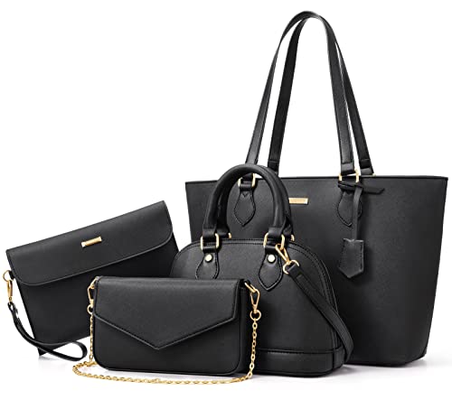 Bagsure Handtasche Damen Schultertasche Tote Shopper Tragetasche Damen Groß Elegant Umhängetasche Henkeltasche 4-teiliges Set für Büro Schule Einkauf Reise Geschenk Schwarz