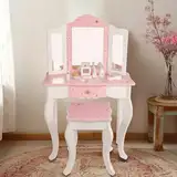 WOODENFUN Rosa Kinder Prinzessin Schminktisch mit dreifachem Klappspiegel, Hocker, Schublade, Make-up-Set, Sternenmuster multifunktionaler hölzerner Schminktisch für Kindergeburtsgeschenk