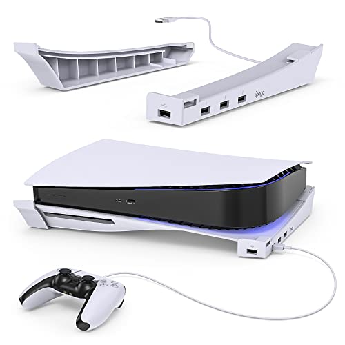 Horizontaler Ständer für PS5 Konsole mit 4-Port USB Hub,MENEEA Upgraded Zubehör Basis Halterung für Playstation 5 Disc & Digitale Editionen, 1 USB 2.0 Datenanschluss & 3 Erweiterung der Ladebuchse