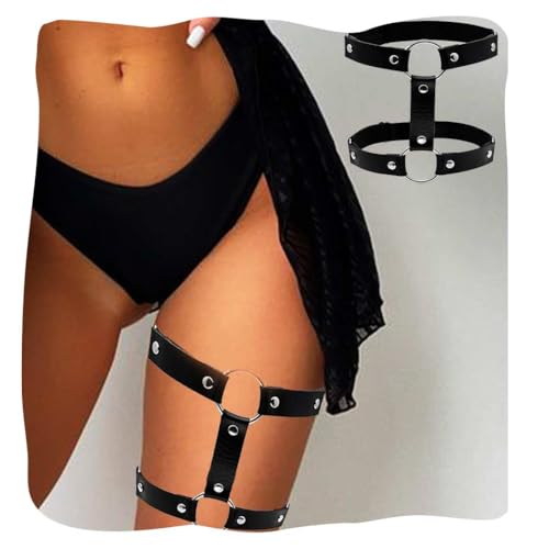 Flovel Punk Leder Beinkette Schwarz geschichtete Leder Körperketten Gürtel Gothic Oberschenkelkette Rave Nachtclub Körperkette für Frauen