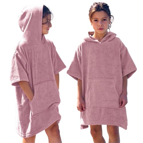 CalmyBEACH Frottee Badeponcho Kinder Mädchen - Jungen Surf Poncho 100% Baumwolle Strandponcho Handtuch mit Kapuze Umziehhilfe Surfponcho Bademantel (Alter 6-9, Altrose)