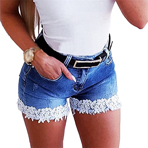 Generisch Damen Jeansshorts mit mittlerer Leibhöhe, dehnbar, lässige Jeansshorts, Bedruckte Leggings mit Spitzenbesatz, Jeansshorts (S,Blau)