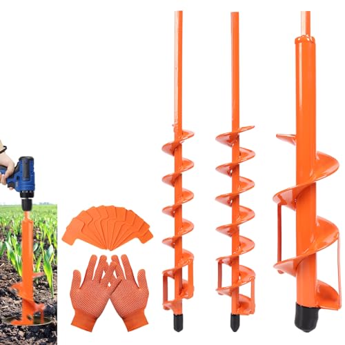 fulsuces Erdbohrer für Akkuschrauber 3PCS-1.6X15, 2X15 & 3.15X15- Blumenzwiebel Bohrer, Gartenbohrer, Erdbohrer für Bohrmaschine, für 3/8-Zoll-Sechskant-Bohrmaschine Mit Einem Paar Handschuhe