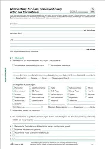 RNKVERLAG 595 - Mietvertrag für Ferienwohnung/Ferienhaus, 4 Seiten, DIN A4, 10 Stück