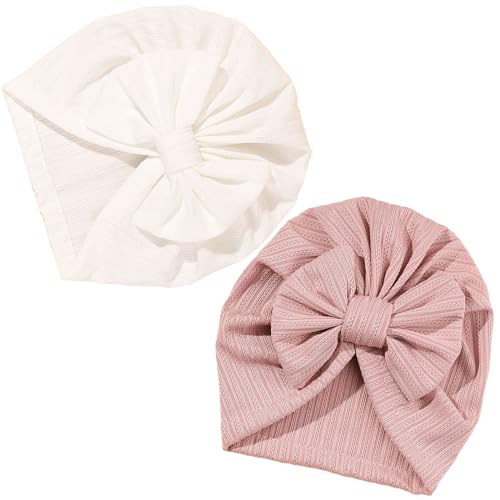 Baby Mütze Mädchen 2 Stück Turban Mütze Baby Baby Mütze Mütze Baby Infant Beanie Weiche Schleifenhut für Mädchen und Jungen Krankenhausmützen für Neugeborene Kleinkinder (Rosa/Weiß)