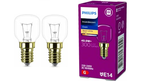 2x Philips Backofenlampe E14 40W Tropfenform 45mm Durchmesser, temperaturfest bis 300°C (2 Stück)