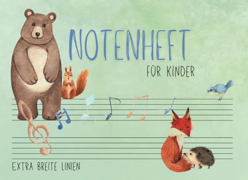 Notenheft für Kinder: große Linien Notenbuch für den Musik-Unterricht, A5 Blanko Anfänger Notenlinienheft, Musiktheorie Grundschule