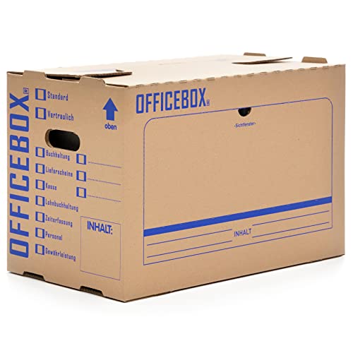 KK Verpackungen® Ordnerkarton Officebox | 10 Stück, Stabile Archivbox mit Sichtfenster für bis zu 6 Ordner | Stapelbare Archivkartons mit Ankreuz- & Beschriftungsfeldern in Braun