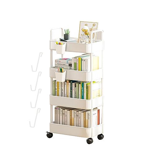 Yajimsa Mobiles Bücherregal Mit Rädern | Beweglicher Bücherregalwagen | 3/4 Ebenen Bewegliches Bücherregal | Schreibtisch Organizer Tisch Seiten Aufbewahrungskorb Wagen Für Schule Klassenzimmer