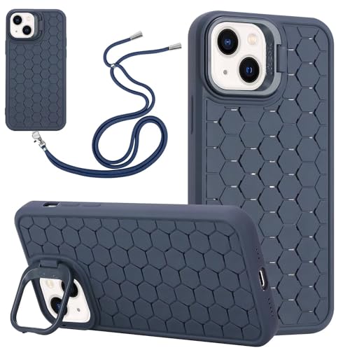 Miagon Wärmeableitung Crossbody Hülle für iPhone 14 Plus,Ständer Atmungsaktives Kühlung Zelluläres Löcher Schutzhülle Cover mit Einstellbar Handykette Schlüsselband