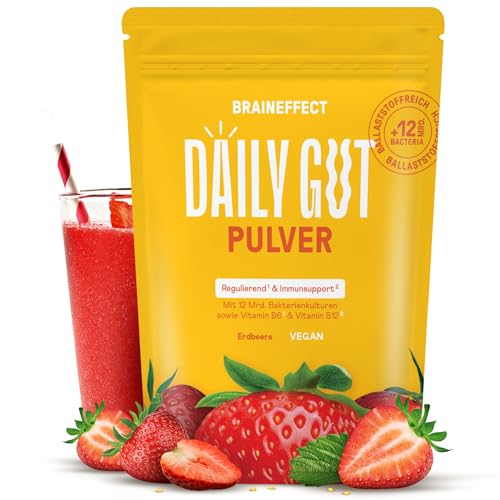 BRAINEFFECT DAILY GUT - Leckeres Bakterienstämme Getränkepulver mit Ballastoff und Vitamine B6 + B12 (1, Erdbeere)