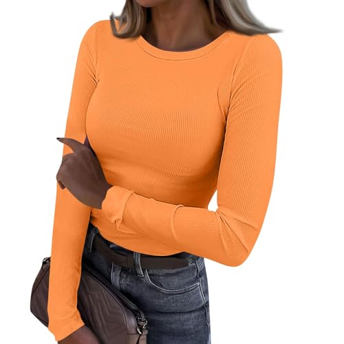 Damen Langarmshirt Rundhalsausschnitt Gerippte Langarmhemden Elegant Langarm Rundhals Oberteile Hemd Tshirts Slim Fit Einfarbig Basic T-Shirt Top Damen Pulli Herbst Orange M