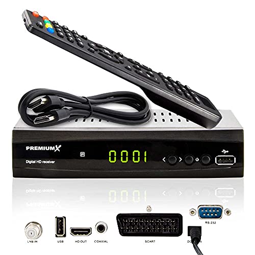 PremiumX Satelliten-Receiver HD 521 FTA Digital SAT TV-Receiver DVB-S2 FullHD HDMI SCART 2X USB Multimedia-Player, 12V Externe Netzteil