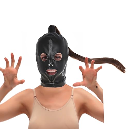 Leder Kopfmaske Bondage BDSM - Weiche Kunstleder Maske für Herren Damen - Fetisch Kopfbedeckung Cosplay Halloween Mit Perücke